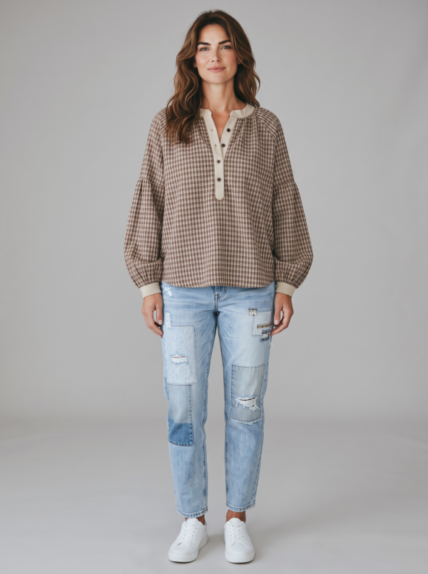 Rutig blus dam Lula brun/beige